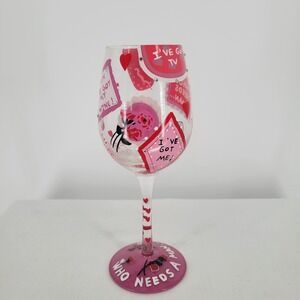 Lolita Love My Wine Who Needs a Man Hand Painted Wine Glass with Gift Box Pink